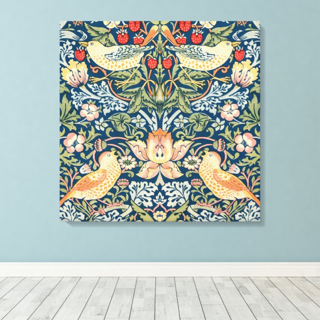 Cute Birds, Strawberry Thief Vintage Art Canvas Print (Insitu(Wood Floor))