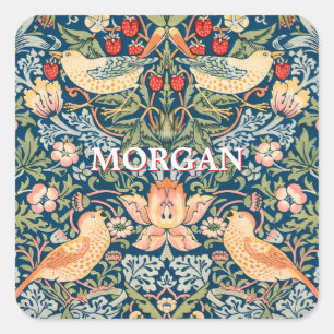 Cute Birds, Strawberry Thief Vintage Art & Name Square Sticker