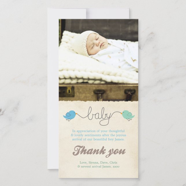 Cute Birds Thank You Note Baby Boy Photo Template (Front)