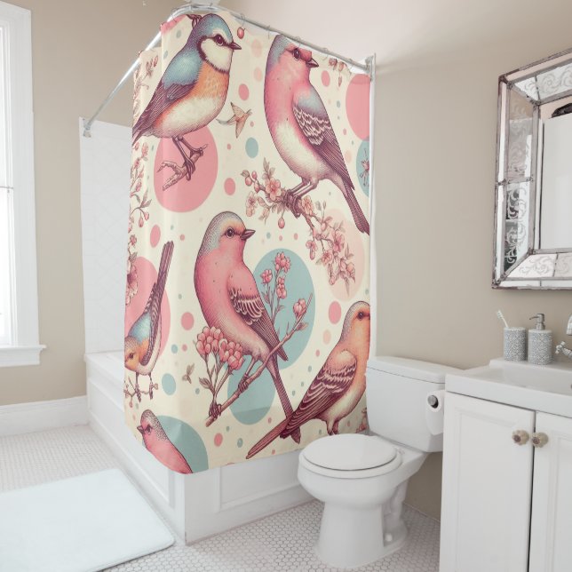 Cute Birds Vintage Painting Shower Curtain (In Situ)