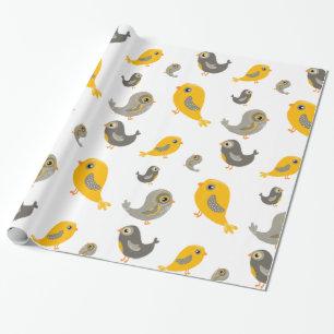 Cute birds - yellow and grey wrapping paper