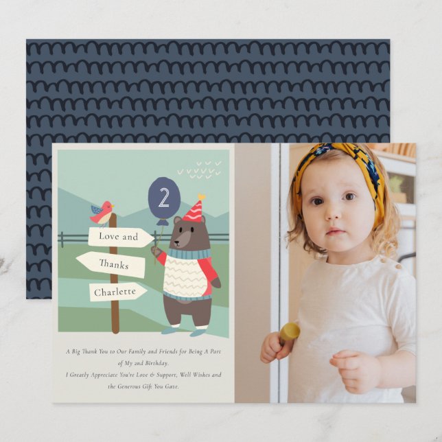 Cute Birdy Bear Milestone Any Age Photo Birthday Thank You Card (Front/Back)
