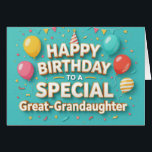 Cute Birthday Balloons Card Great Granddaughter<br><div class="desc">Celebrate your great-granddaughter’s big day with this adorable birthday card featuring colourful balloons, confetti, streamers and a cheerful teal background. The playful design is perfect for girls of any age—whether she's turning 5 or 25. Inside, personalise your message to add a heartfelt note from her "favourite" great grandparent, a funny...</div>
