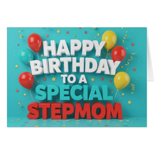 Cute Birthday Balloons & Confetti Card for Stepmom (Front Horizontal)