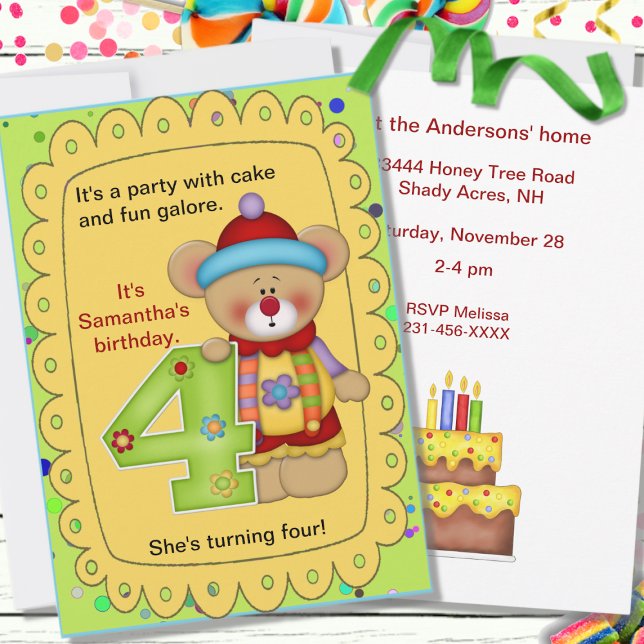 Cute Birthday Bear Age 4 Invitation (Creator Uploaded)