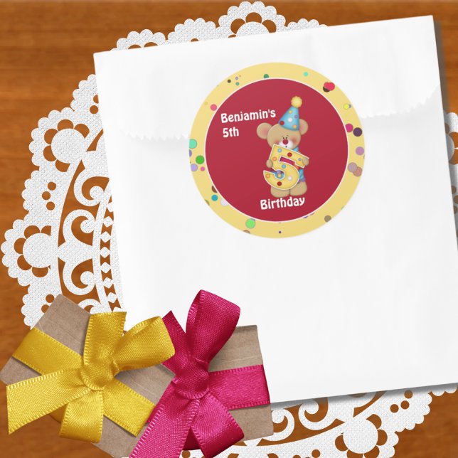 Cute Birthday Bear Age 5 Classic Round Sticker (Creator Uploaded)