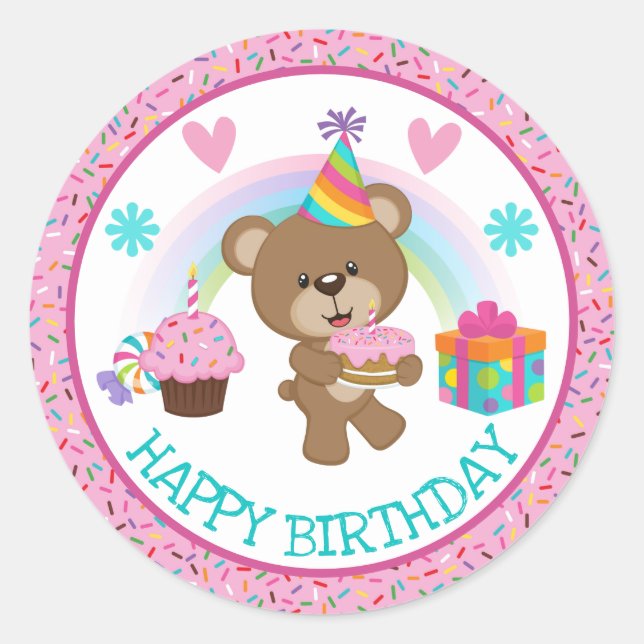 Cute Birthday Bear & Rainbow & Cake Classic Round Sticker (Front)