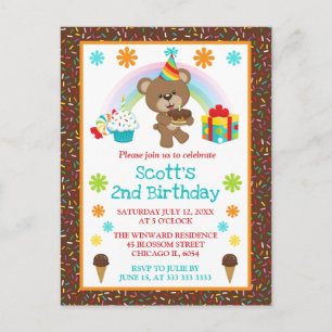 Cute Birthday Bear & Rainbow & Cake Postcard