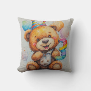 Cute Birthday Bear With Balloons And Party Hat Cushion