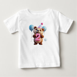 Cute Birthday Bear With Party Hat And Balloons Baby T-Shirt