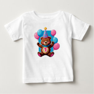 Cute Birthday Bear With Party Hat And Balloons Baby T-Shirt