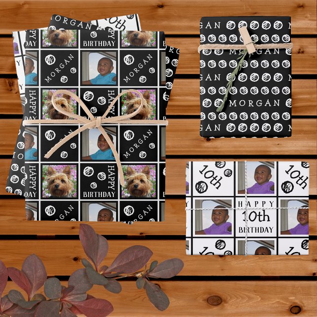 Cute Birthday Black White 3 Photo Any Age Add Name Wrapping Paper Sheet (Creator Uploaded)