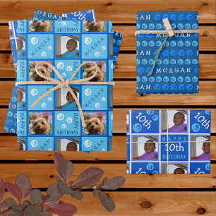 Cute Birthday Blue 3 Photo Any Age Add Name Wrapping Paper Sheet