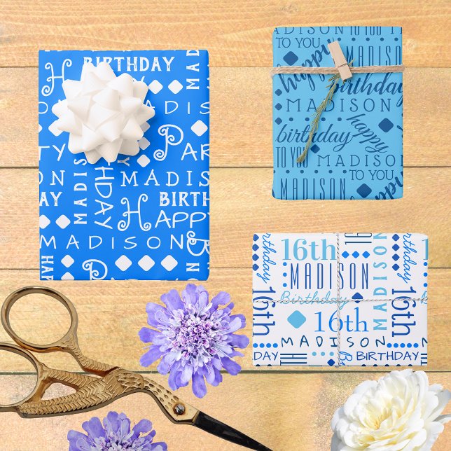Cute Birthday Blue Any Age Add Childs Name Wrapping Paper Sheet (So easy to customize, these typography Birthday wrapping paper sheets will bring WOW to the party.)