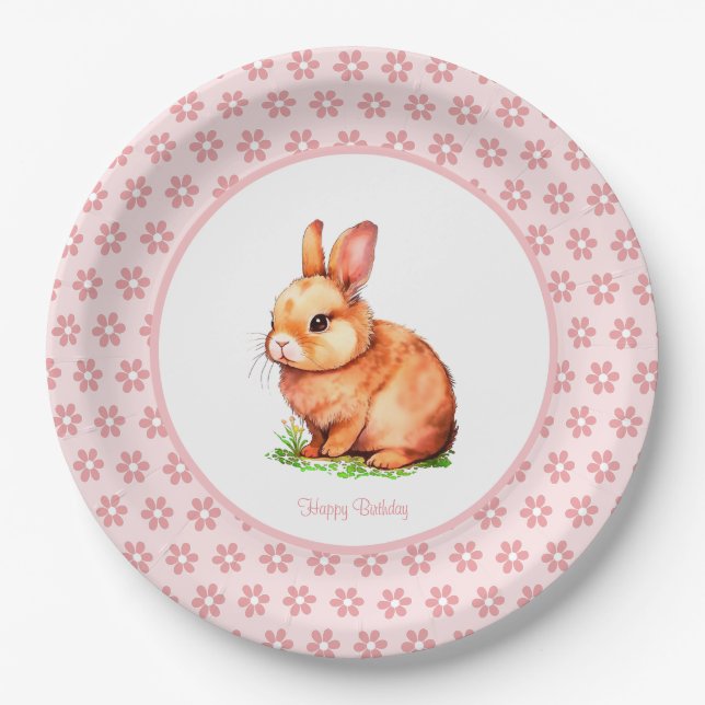 Cute Birthday Bunny & Flowers on Light Pink Paper  Paper Plate (Front)