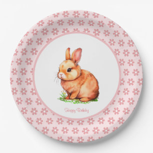 Cute Birthday Bunny & Flowers on Light Pink Paper Plate