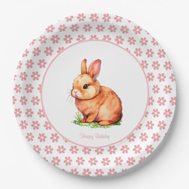 Cute Birthday Bunny & Flowers on White Paper Plate (Front)