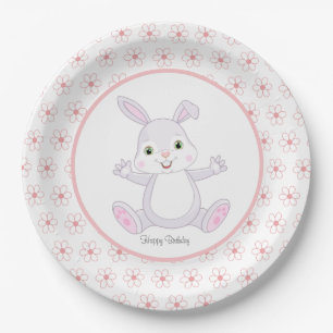 Cute Birthday Bunny & Flowers Paper Plate