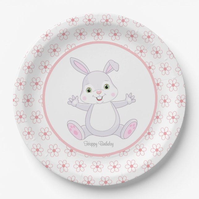Cute Birthday Bunny & Flowers Paper Plate (Front)
