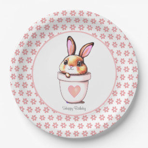 Cute Birthday Bunny Plant Pot & Flowers on White Paper Plate