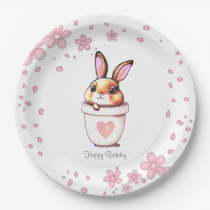 Cute Birthday Bunny Plant Pot & Flowers Paper Plate