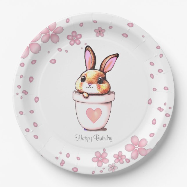 Cute Birthday Bunny Plant Pot & Flowers Paper Plate (Front)