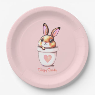 Cute Birthday Bunny Plant Pot on Light Pink Paper Plate