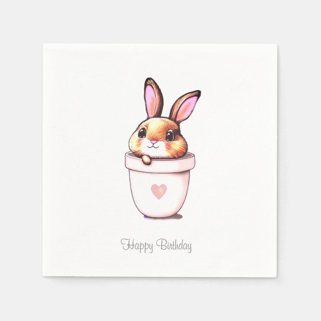 Cute birthday bunny plant pot with heart  napkin (Front)