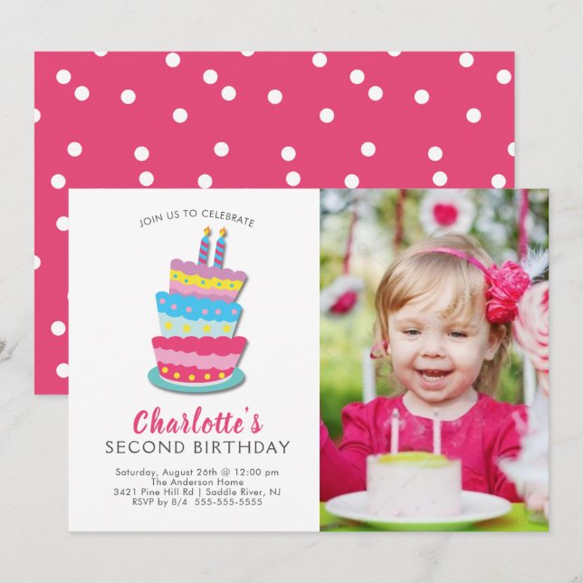 Cute Birthday Cake 2nd Birthday Invitation (Front/Back)