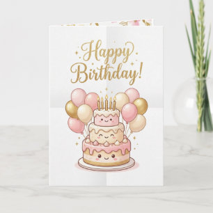 Cute Birthday Card Pink & Gold Cake Balloons🎉