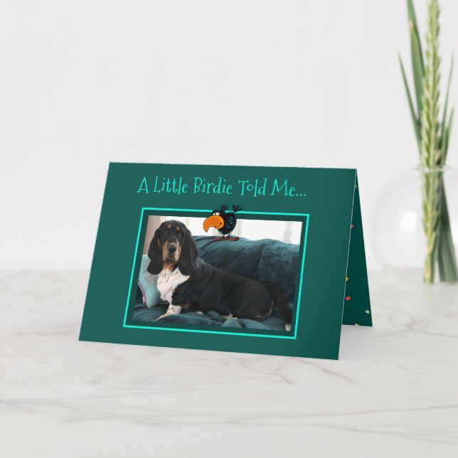 Cute Birthday Card w/Basset Hound and Birdie (Front)