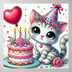 Cute Birthday Cat Cartoon Kitten Party Decor Print