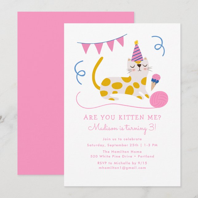 Cute Birthday Cat Kids Birthday Party Invitation (Front/Back)