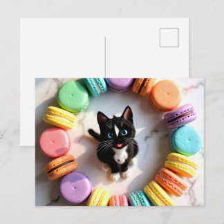Cute Birthday Cat with Colourful Macarons – Sweet Postcard