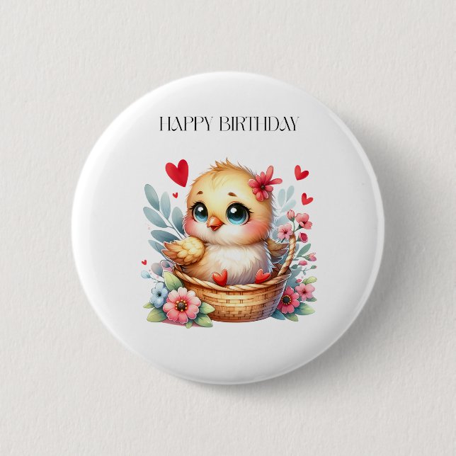 Cute Birthday Chick. 6 Cm Round Badge (Front)