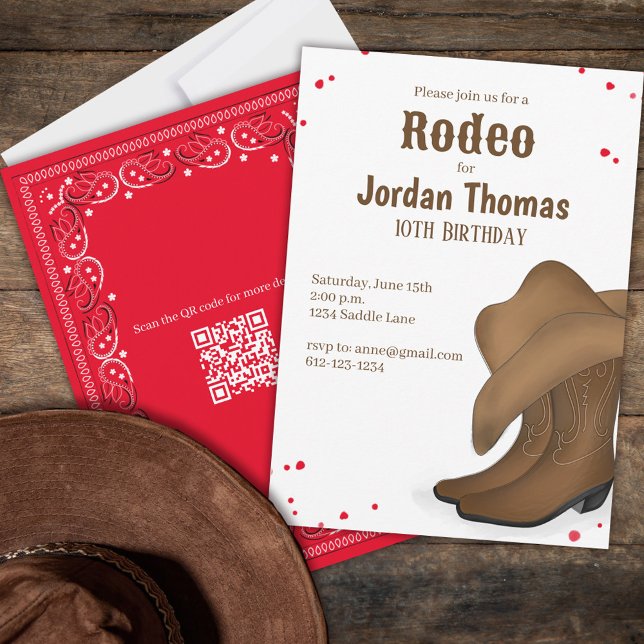 Cute Birthday Cowboy Rodeo Red Bandana QR Code Invitation (Creator Uploaded)