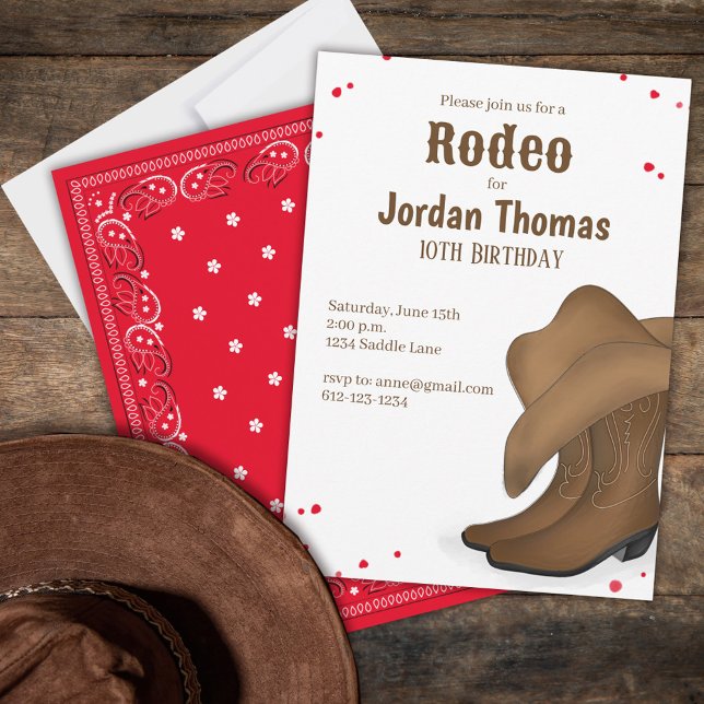 Cute Birthday Cowboy Rodeo Simple Red Bandana  Invitation (Birthday party invitation with the whimsical cool western rodeo theme. )