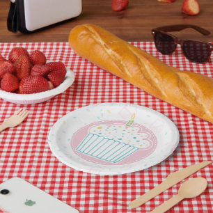 Cute Birthday Cupcake with Candle Paper Plate