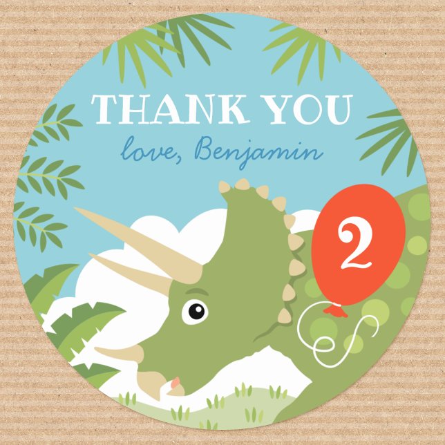 Cute Birthday Dinosaur Triceratops Custom Name Age Classic Round Sticker (Creator Uploaded)