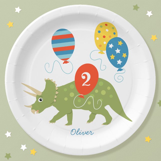 Cute Birthday Dinosaur Triceratops Custom Name Age Paper Plate (Creator Uploaded)