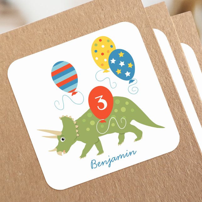 Cute Birthday Dinosaur Triceratops Custom Name Age Square Sticker (Creator Uploaded)