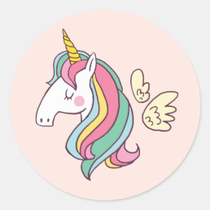 Cute Birthday Doodle Flying Rainbow Unicorn Classic Round Sticker