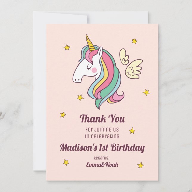 Cute Birthday Doodle Flying Rainbow Unicorn Thank You Card (Front)