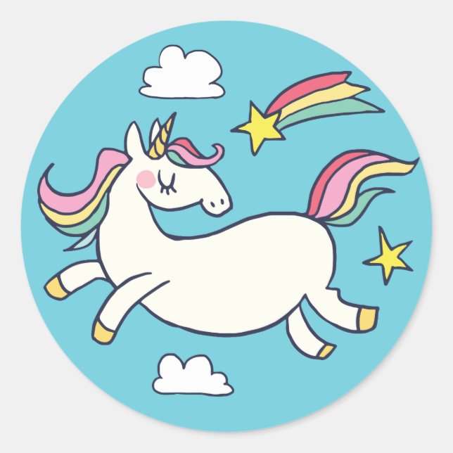Cute Birthday Doodle Rainbow Unicorn and Stars. Classic Round Sticker (Front)