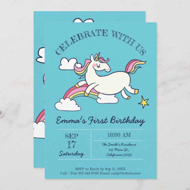 Cute Birthday Doodle Rainbow Unicorn and Stars. Invitation (Front/Back)