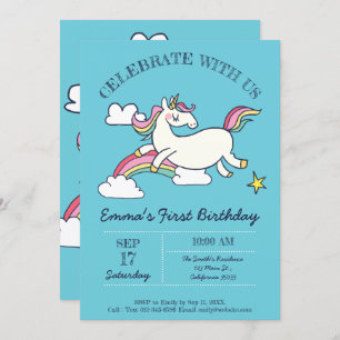 Cute Birthday Doodle Rainbow Unicorn and Stars. Invitation
