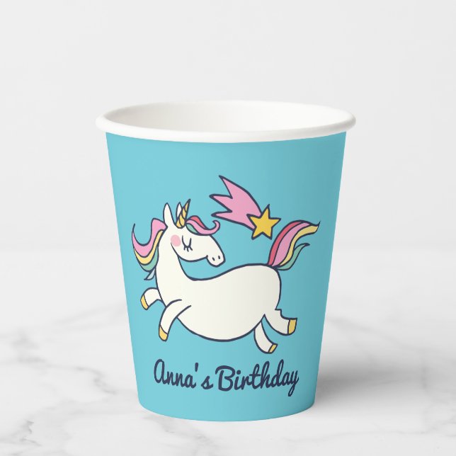 Cute Birthday Doodle Rainbow Unicorn and Stars Paper Cups (Front)