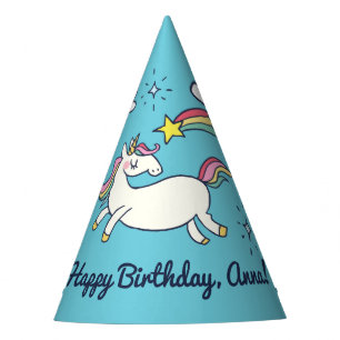 Cute Birthday Doodle Rainbow Unicorn Stars Clouds Party Hat