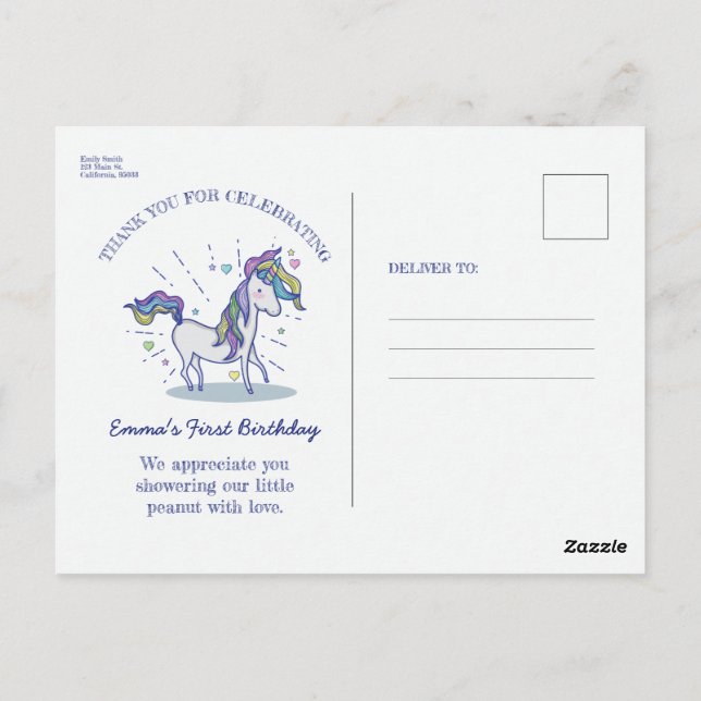 Cute Birthday Doodle Rainbow Unicorn Thank You Postcard (Back)