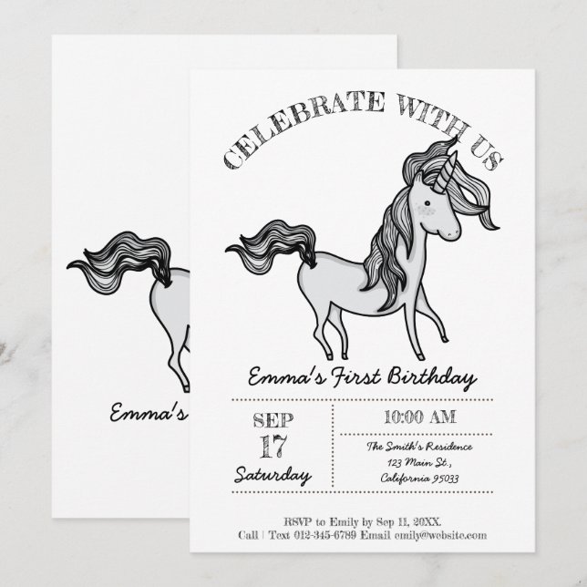 Cute Birthday Doodle Unicorn Invitation (Front/Back)